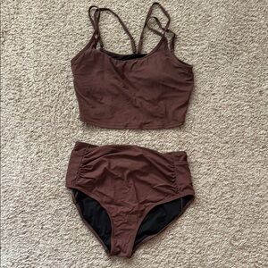Brown High-Waist Tank Bikini Set - Women Swim